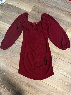 She + Sky Burgundy Ruched Puff Sleeve Mini Dress